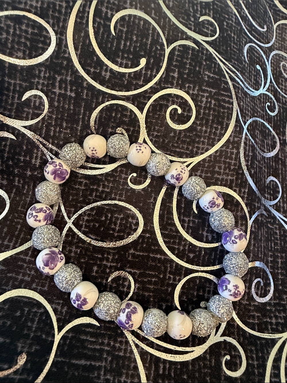 Purple Floral Bead and Silver Glitter Stretch Bracelet